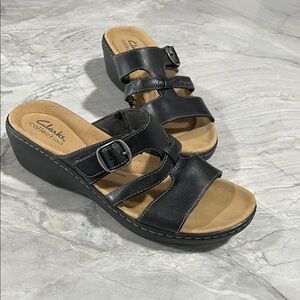 Clarks Black Leather Wedge Sandals